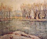 Ernest Lawson Canvas Paintings - End of Winter - The Boathouse on the Harlem River, New York